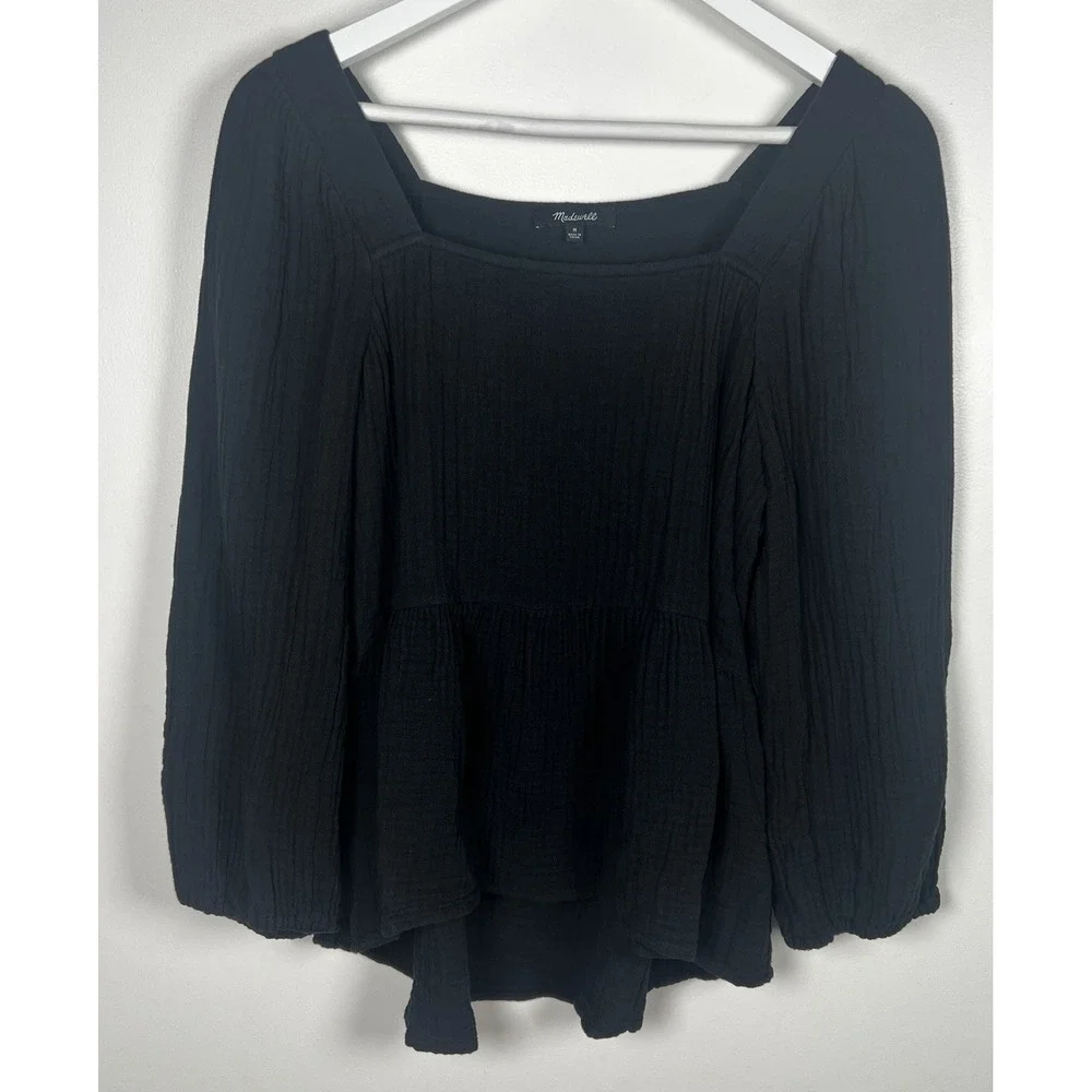 Madewell Puff Sleeve Lightspun Millbrook Peplum Top Square Neck Size‎ M Boho